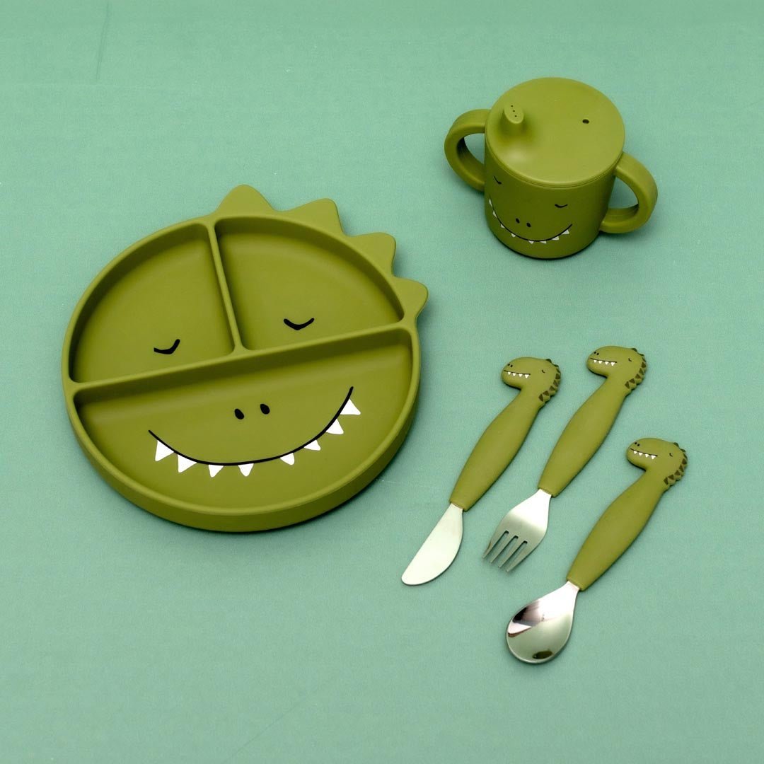 Trixie Mr. Dino sippy cup side view – easy-grip handles for little hands