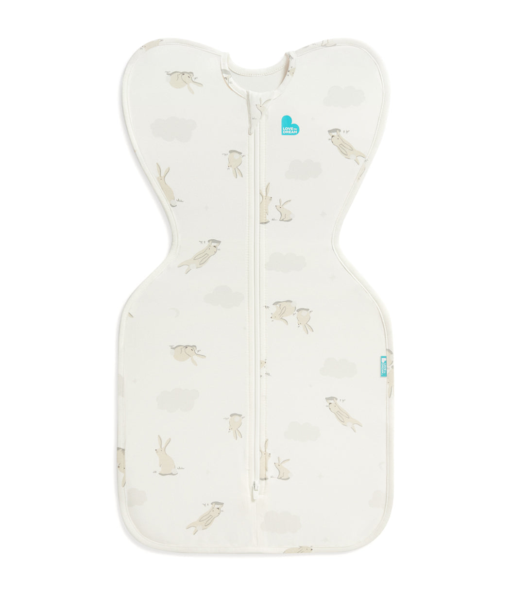 Love to Dream Swaddle Up 1.0 TOG Cotton showing ARMS UP natural self-soothing position