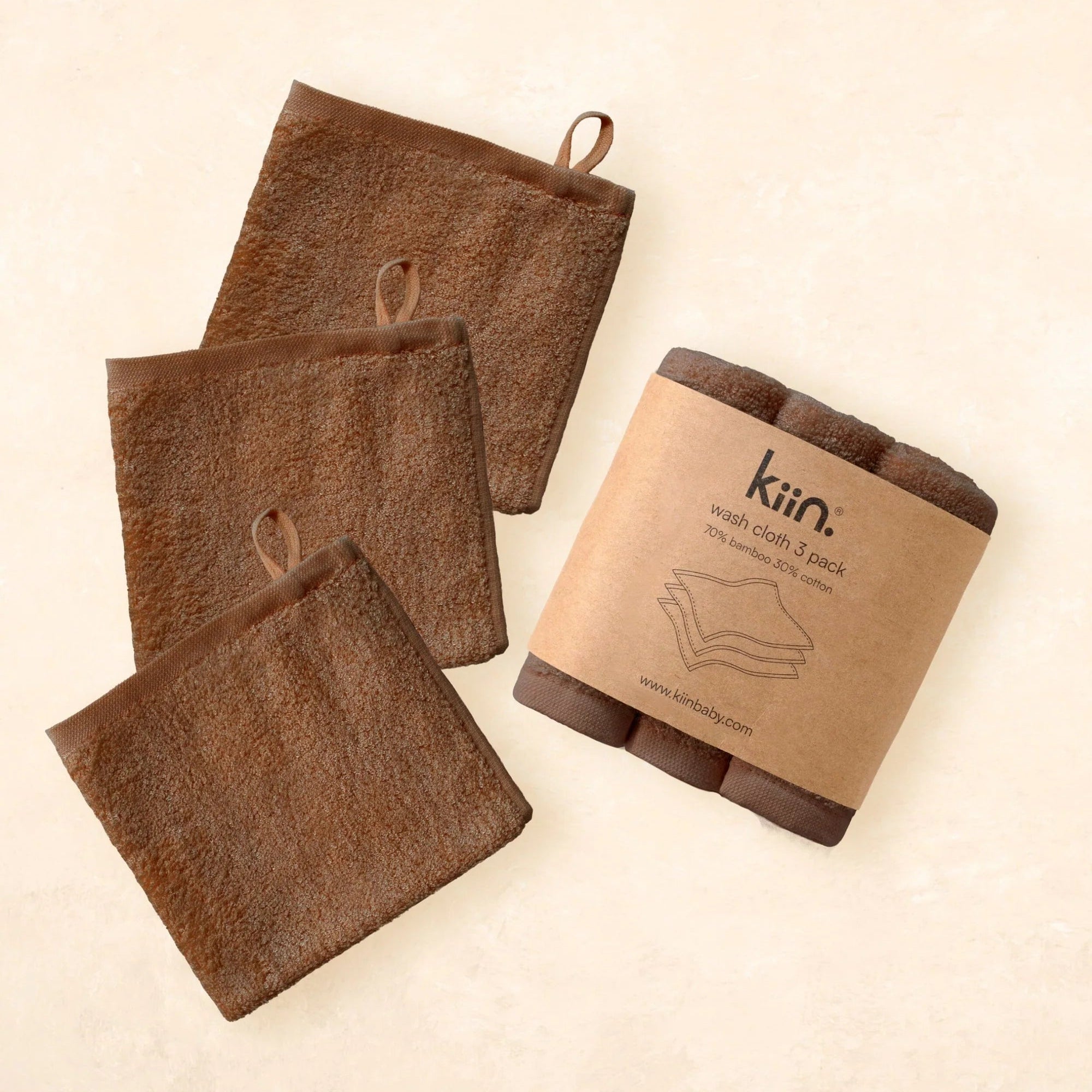 Kiin Baby Wash Cloths 3 Pack - Chocolate
