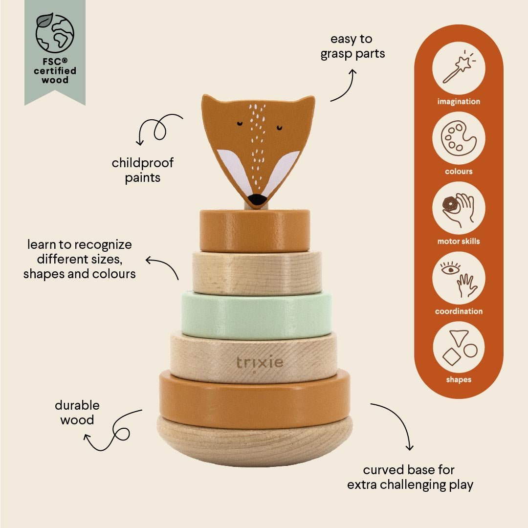 Trixie Mr. Fox stacking rings arranged by size – FSC beech wood toddler toy