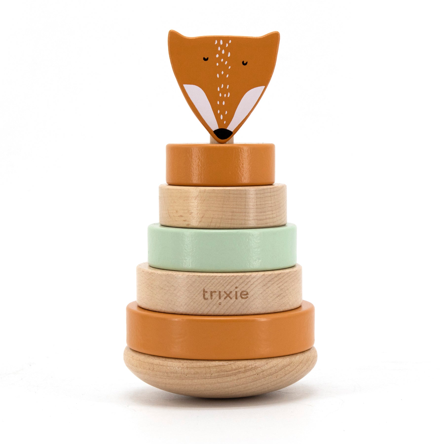 Trixie Mr. Fox wooden stacking toy – rust fox character ring stacker, full view