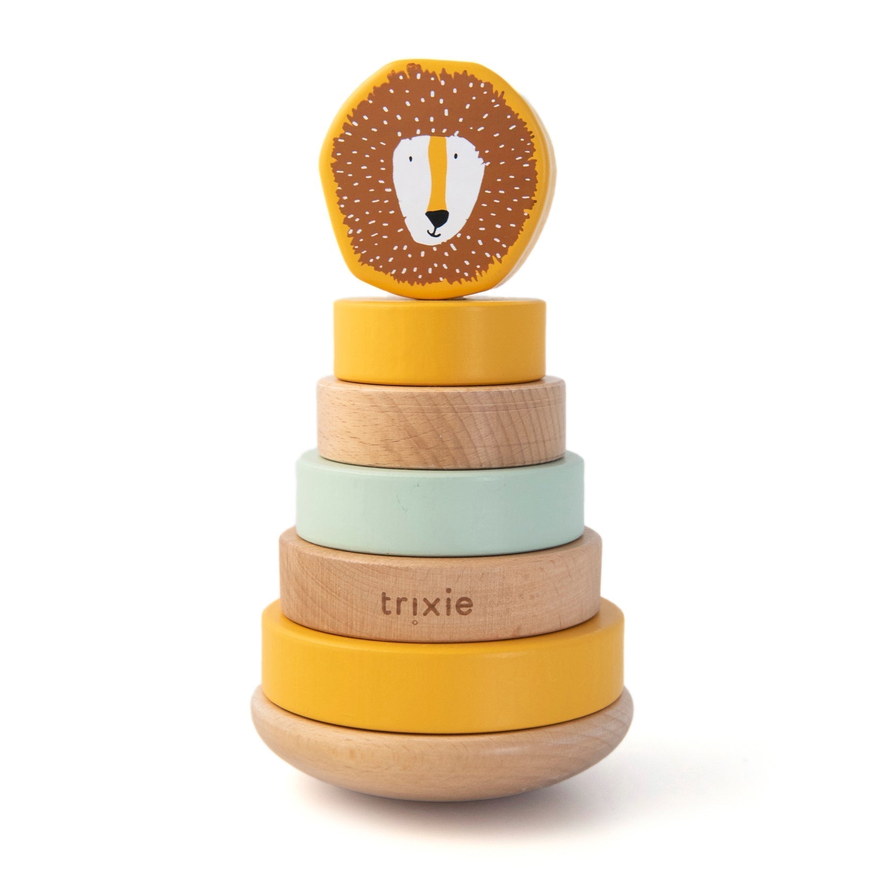 Trixie Mr. Lion wooden stacking toy – yellow lion character on wobble base ring stacker