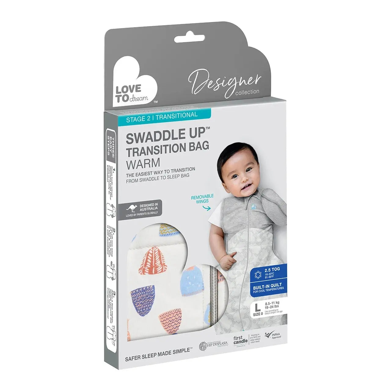 Love to Dream Swaddle Up Transition Bag Warm 2.5 Tog Happy Hats Print White - Designer Collection  